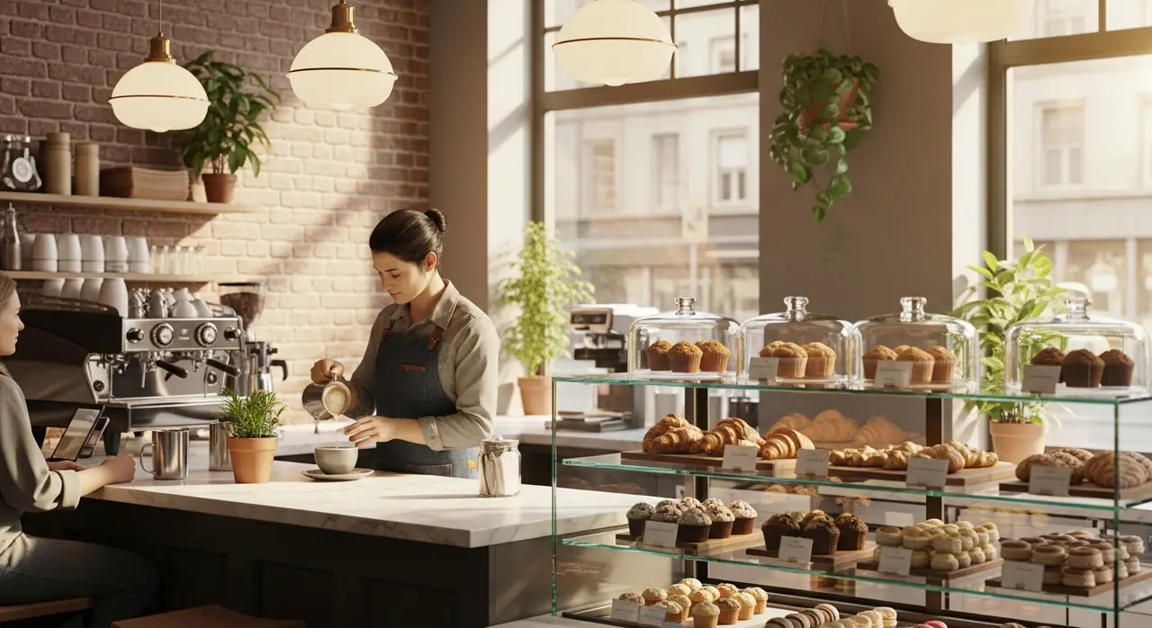 A neighborhood cafe counter, pastries in the display case and a coffee being poured.