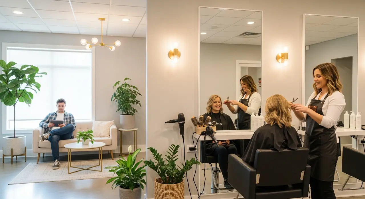 A salon floor with stylists cutting hair at mirrored stations and a waiting area.