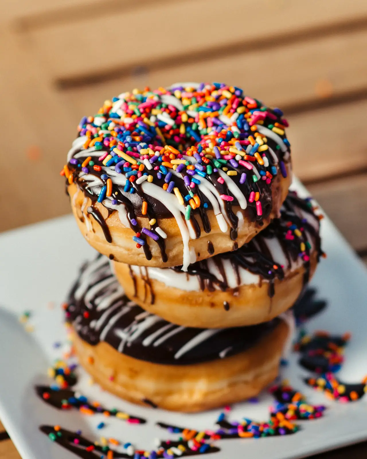 Three glazed doughnuts with colored sprinkles, stacked on a plate.